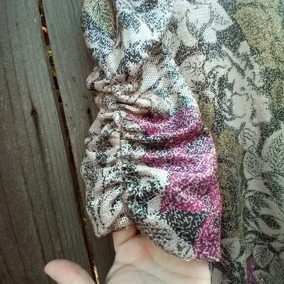 Anthropologie Top Womens Sz 18W Pink Marie Sequin Puff Sleeve Blouse New Floral - Picture 4 of 16